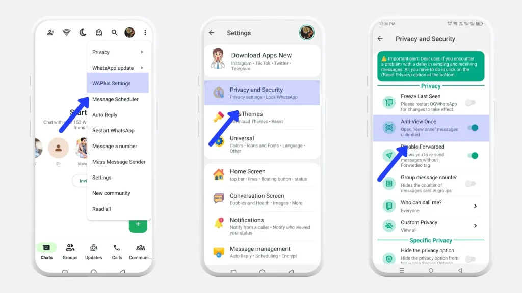 enable anti-view once feature in whatsapp plus