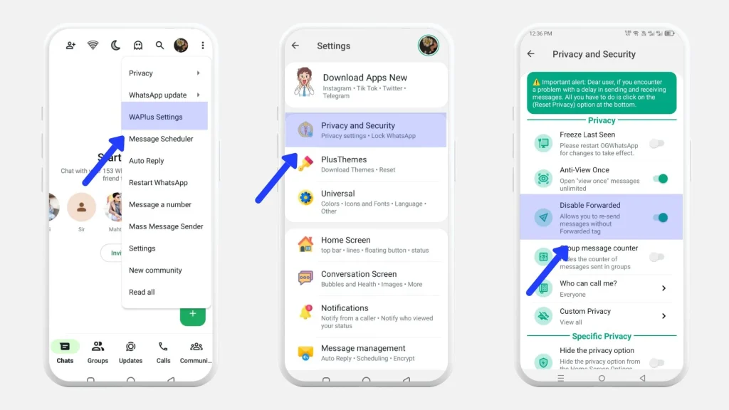 how to disable forward tags in whatsapp plus original version